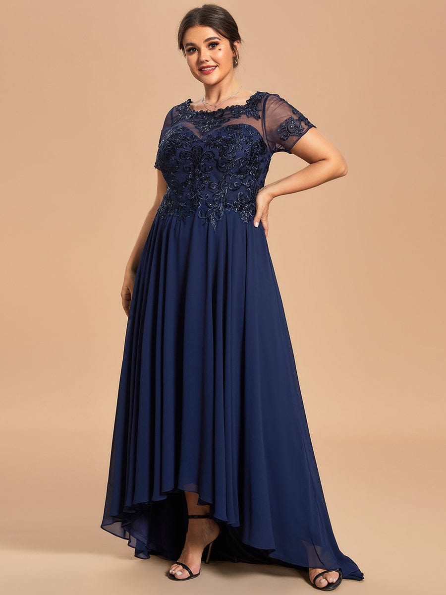 Custom Size Exquisite Embroidery Illusion Top A-Line Chiffon Mother of the Bride Dress  #color_Navy Blue