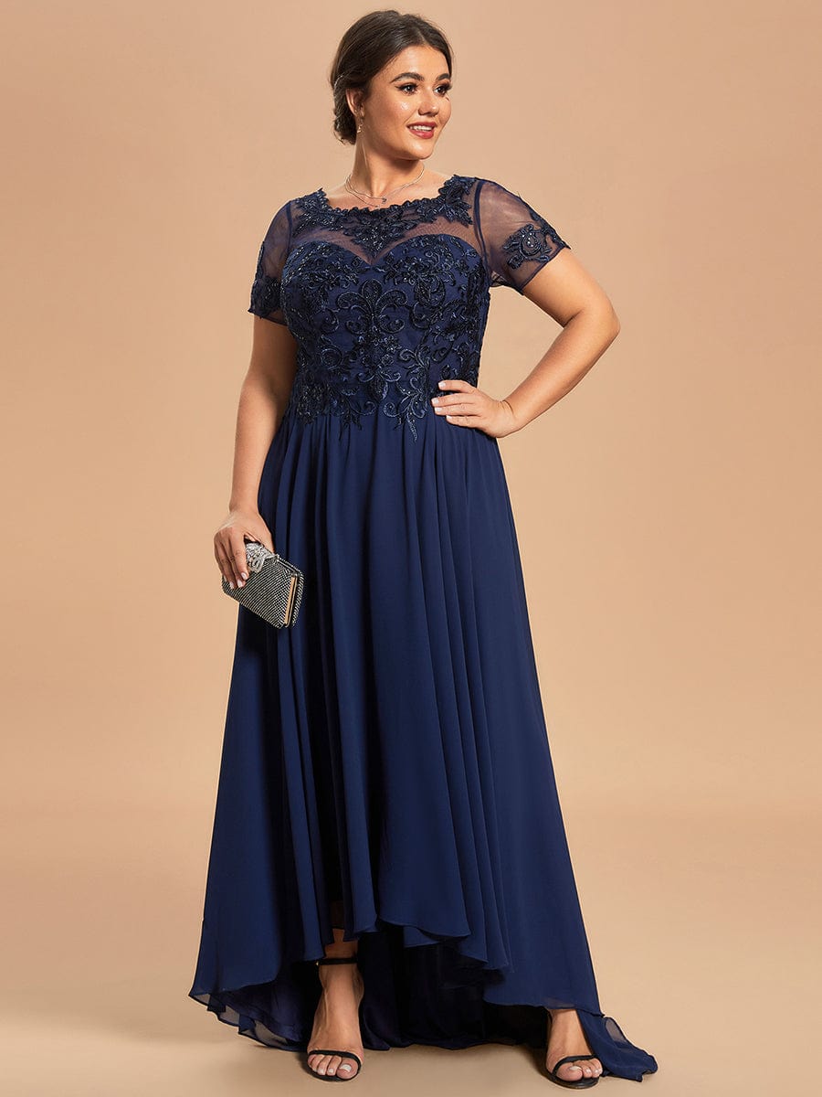 Custom Size Exquisite Embroidery Illusion Top A-Line Chiffon Mother of the Bride Dress  #color_Navy Blue