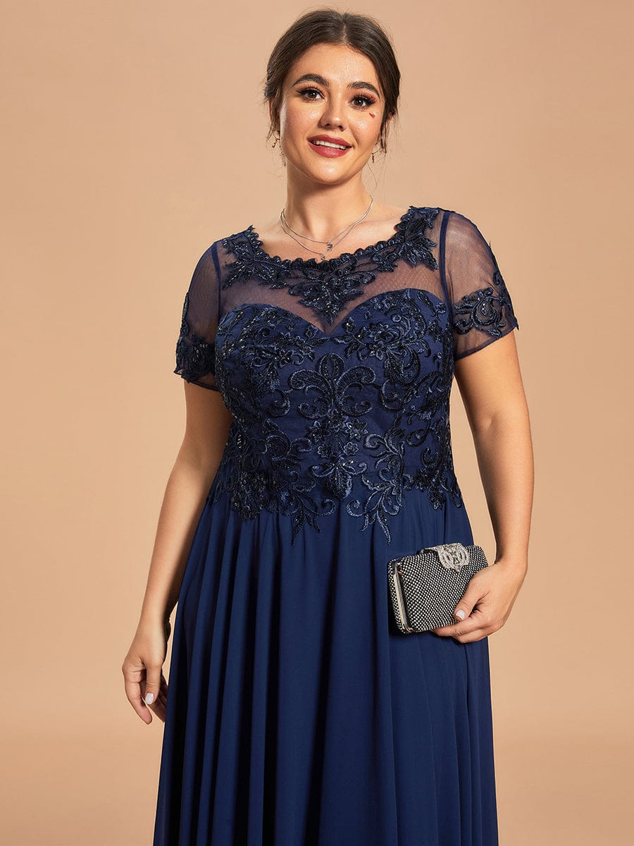 Custom Size Exquisite Embroidery Illusion Top A-Line Chiffon Mother of the Bride Dress  #color_Navy Blue