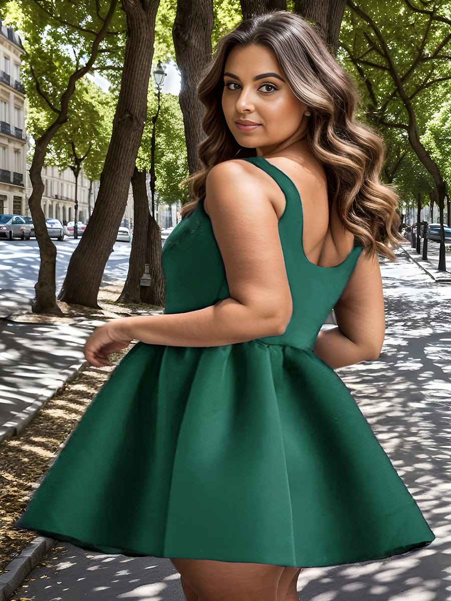 Chic Square Neck Open Back A-line Satin Homecoming Dress #color_Dark Green