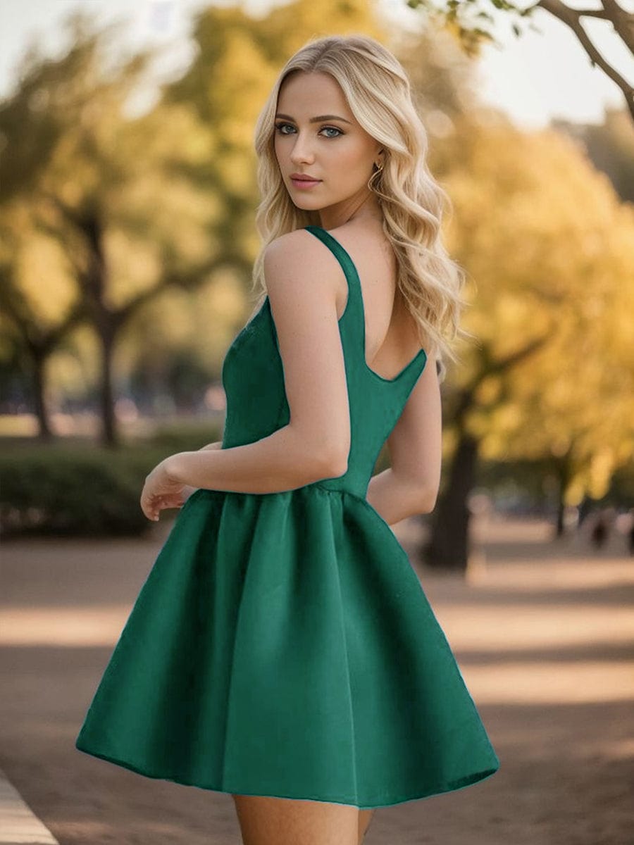 Chic Square Neck Open Back A-line Satin Homecoming Dress #color_Dark Green