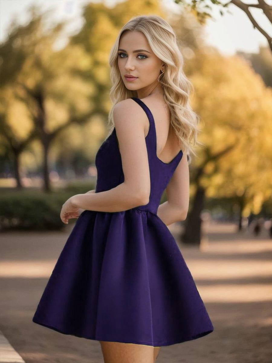 Chic Square Neck Open Back A-line Satin Homecoming Dress #color_Dark Purple