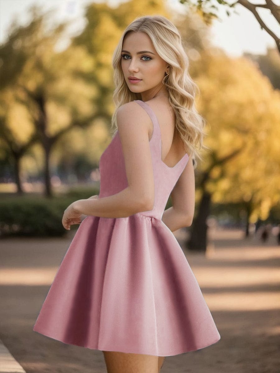 Chic Square Neck Open Back A-line Satin Homecoming Dress #color_Purple Orchid