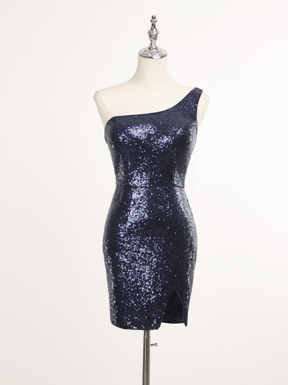 Plus Size Shiny One Shoulder Sequin Bodycon Sleeveless Homecoming Dress #color_Navy Blue