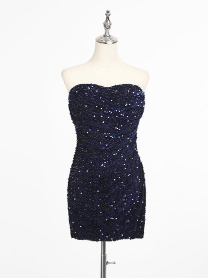 Short Strapless Sequin Backless Homecoming Dress #color_Navy Blue