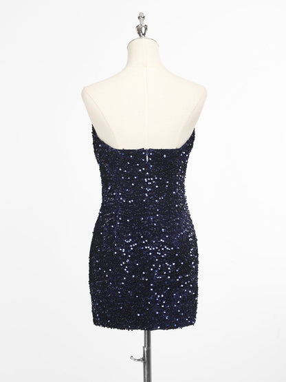 Short Strapless Sequin Backless Homecoming Dress #color_Navy Blue