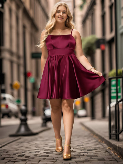 Satin Spaghetti Strap A-Line Backless Short Homecoming Dress #color_Burgundy