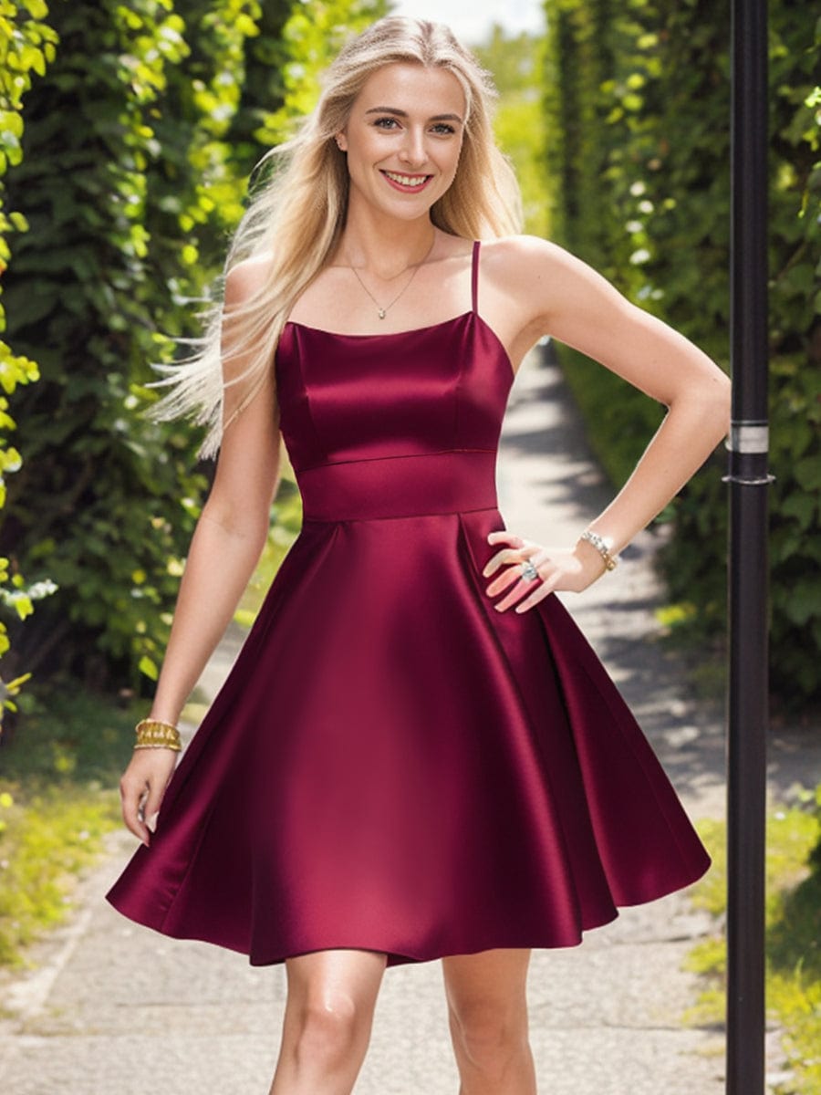 Satin Spaghetti Strap A-Line Backless Short Homecoming Dress #color_Burgundy