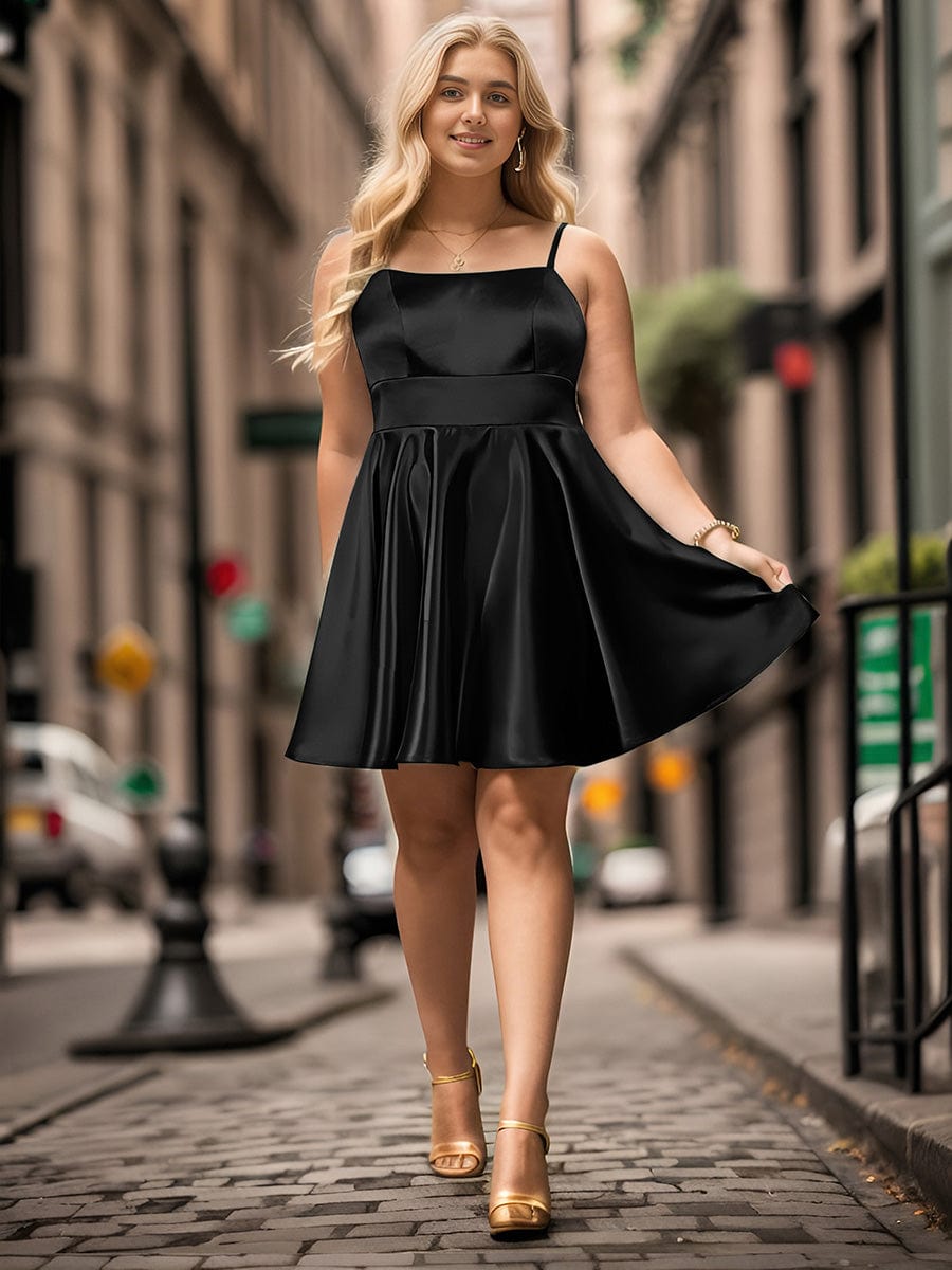 Satin Spaghetti Strap A-Line Backless Short Homecoming Dress #color_Black