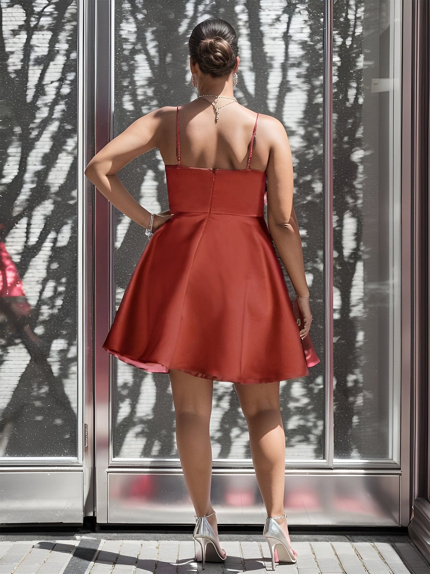 Plus Size Satin Spaghetti Strap Backless A-Line Short Homecoming Dress #color_Burnt Orange