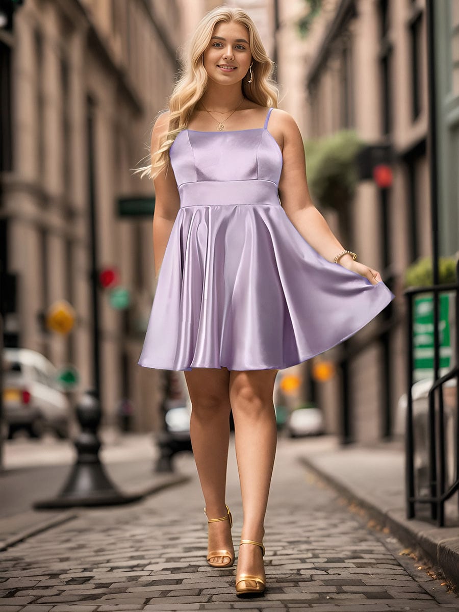 Satin Spaghetti Strap A-Line Backless Short Homecoming Dress #color_Lavender