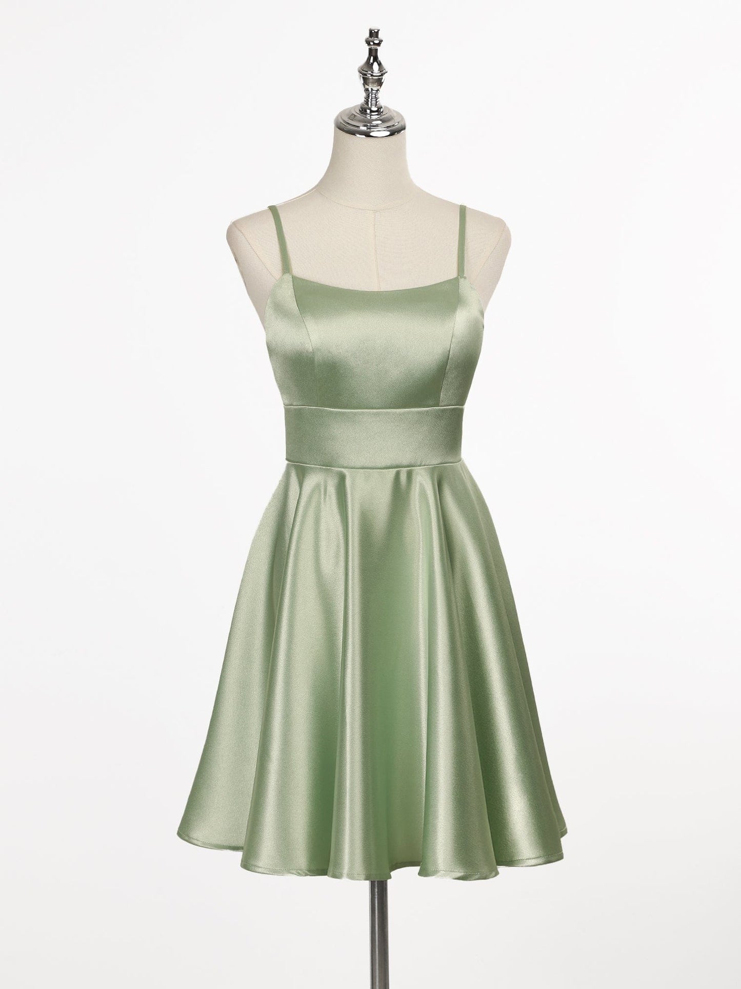 Plus Size Satin Spaghetti Strap Backless A-Line Short Homecoming Dress #color_Sage Green