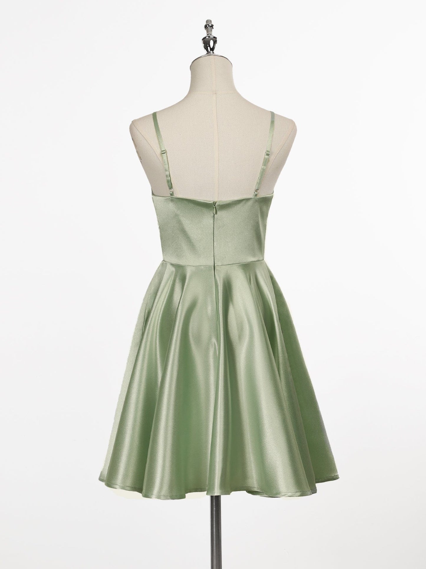 Satin Spaghetti Strap A-Line Backless Short Homecoming Dress #color_Sage Green