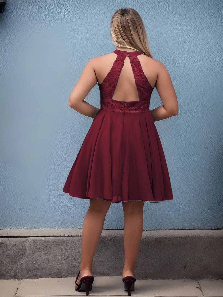 Short Lace Halter Neck Backless Chiffon Homecoming Dress #color_Burgundy