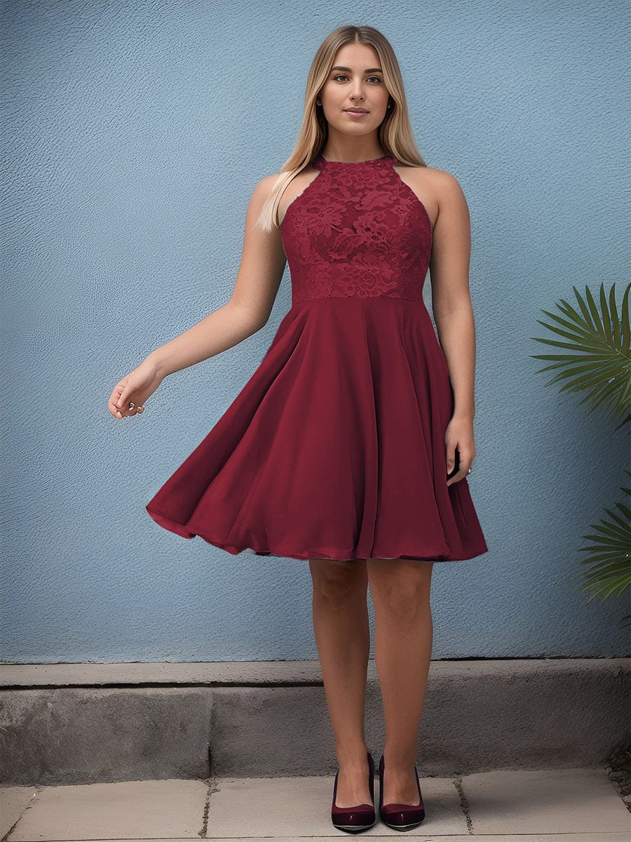 Short Lace Halter Neck Backless Chiffon Homecoming Dress #color_Burgundy