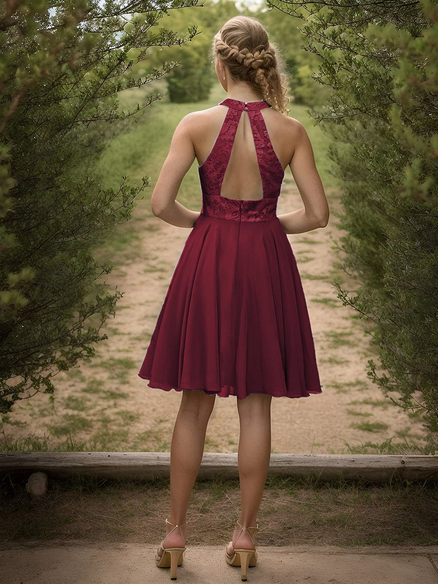 Short Lace Halter Neck Backless Chiffon Homecoming Dress #color_Burgundy