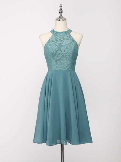 Short Lace Halter Neck Backless Chiffon Homecoming Dress #color_Dusty Blue