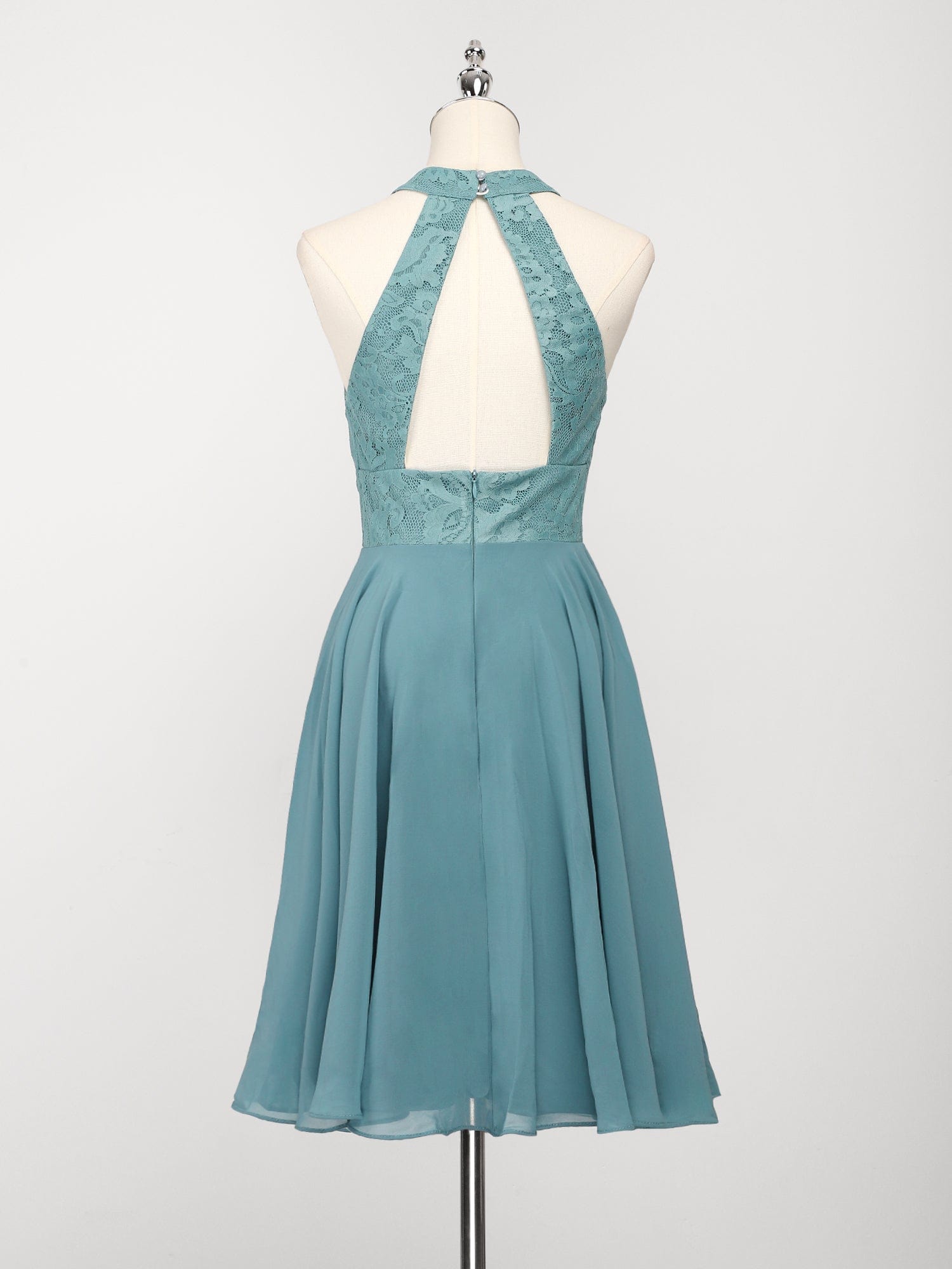 Short Lace Halter Neck Backless Chiffon Homecoming Dress #color_Dusty Blue