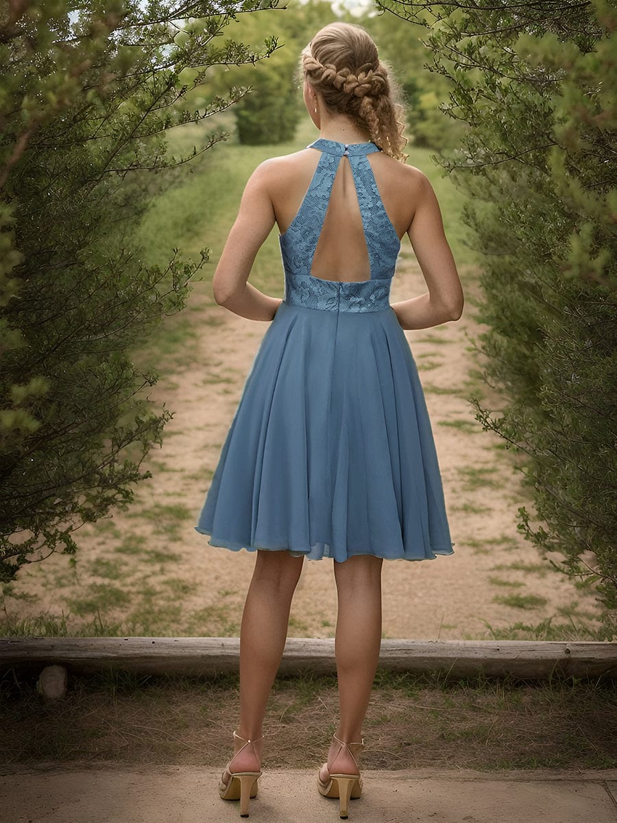 Short Lace Halter Neck Backless Chiffon Homecoming Dress #color_Dusty Navy