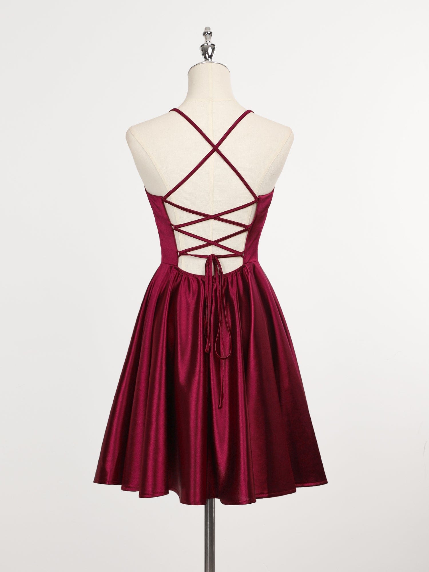 Spaghetti Strap A-Line Back Lace-Up Short Homecoming Dress #color_Burgundy