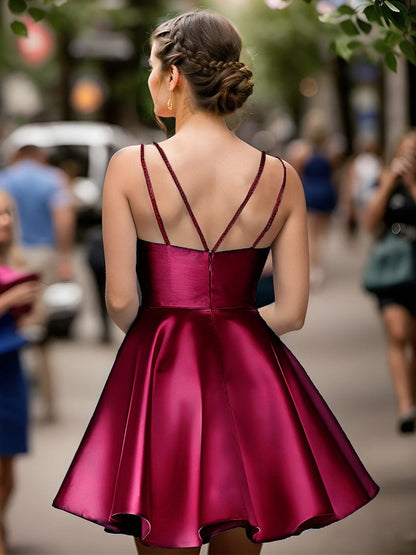 Double Spaghetti Strap with Rhinestone Satin A-Line Homecoming Dress #color_Burgundy