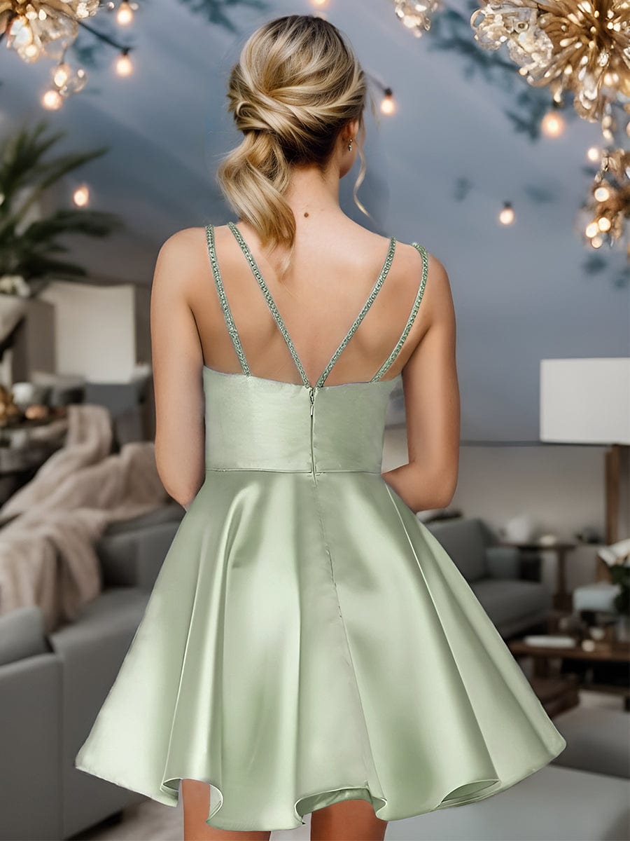 Double Spaghetti Strap with Rhinestone Satin A-Line Homecoming Dress #color_Sage Green