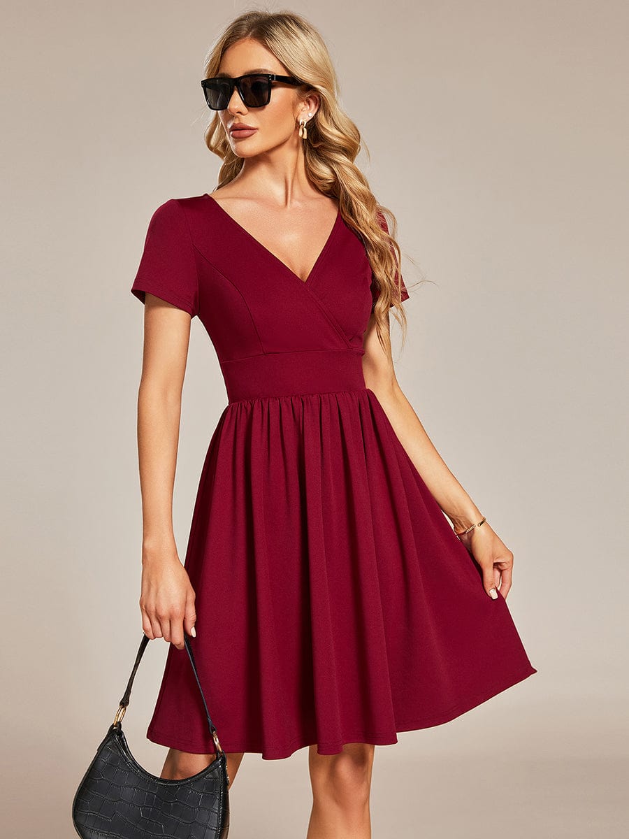 V-Neck Short Sleeves A-Line Mini Summer 2023 Casual Dresses #color_Burgundy