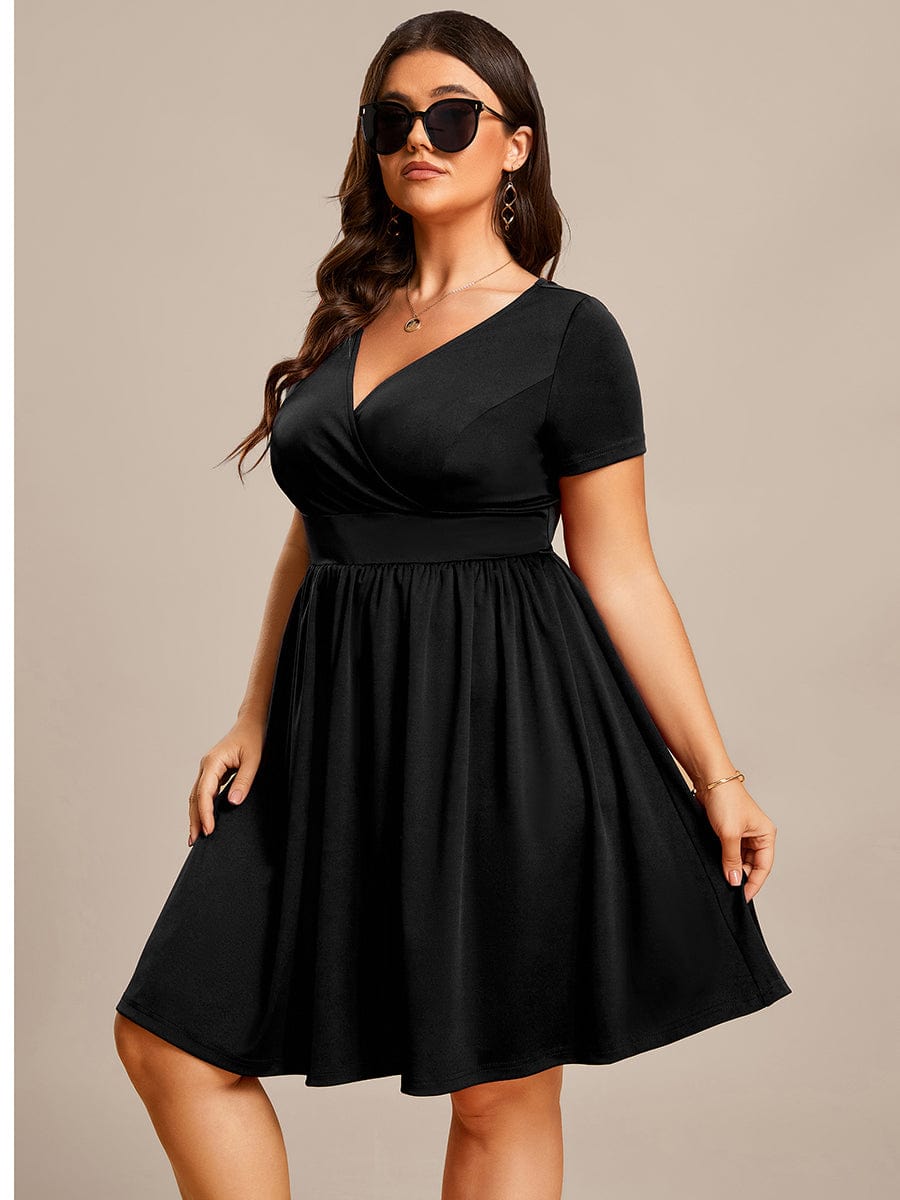 V-Neck Short Sleeves A-Line Mini Summer 2023 Casual Dresses #color_Black