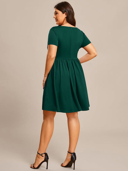 V-Neck Short Sleeves A-Line Mini Summer 2023 Casual Dresses #color_Dark Green