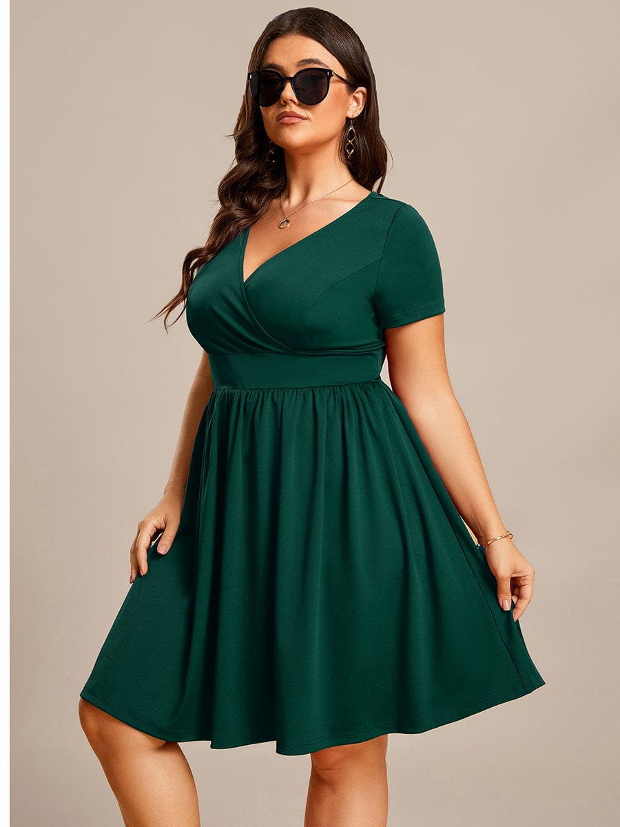 V-Neck Short Sleeves A-Line Mini Summer 2023 Casual Dresses #color_Dark Green