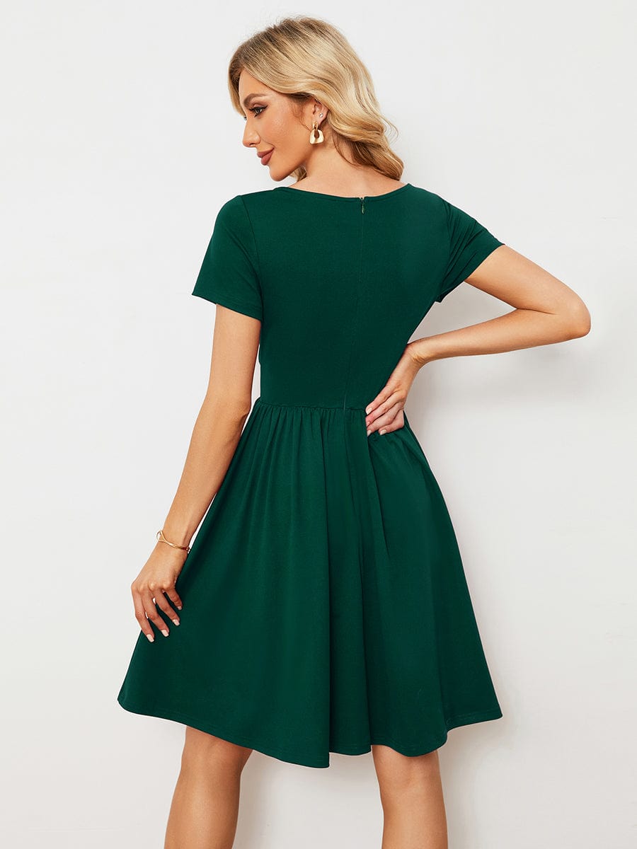 V-Neck Short Sleeves A-Line Mini Summer 2023 Casual Dresses #color_Dark Green