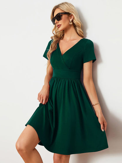 V-Neck Short Sleeves A-Line Mini Summer 2023 Casual Dresses #color_Dark Green