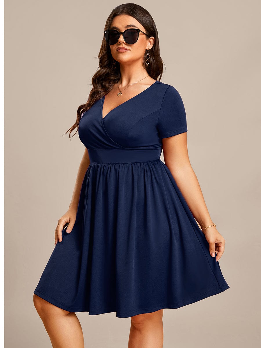 V-Neck Short Sleeves A-Line Mini Summer 2023 Casual Dresses #color_Navy Blue