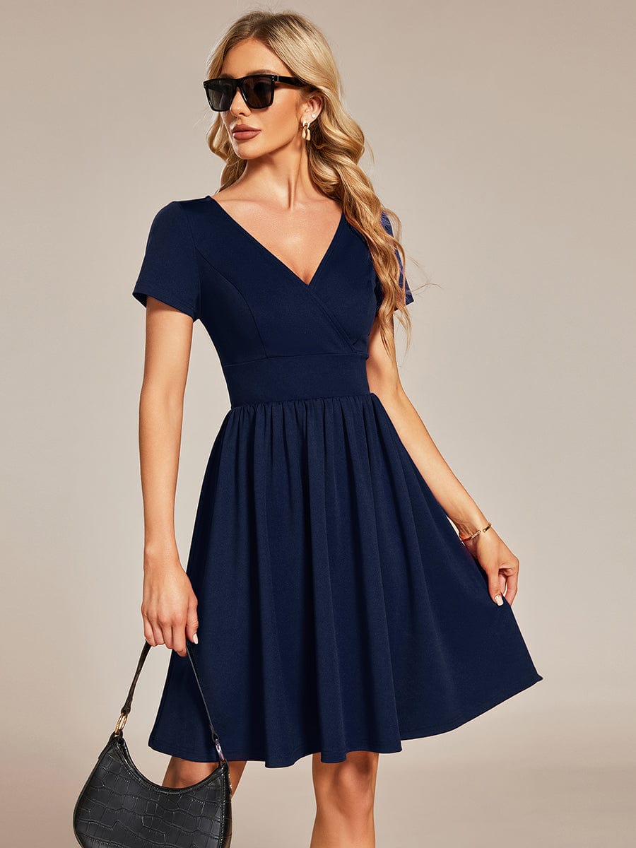 V-Neck Short Sleeves A-Line Mini Summer 2023 Casual Dresses #color_Navy Blue