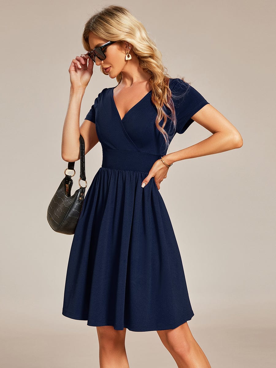 V-Neck Short Sleeves A-Line Mini Summer 2023 Casual Dresses #color_Navy Blue