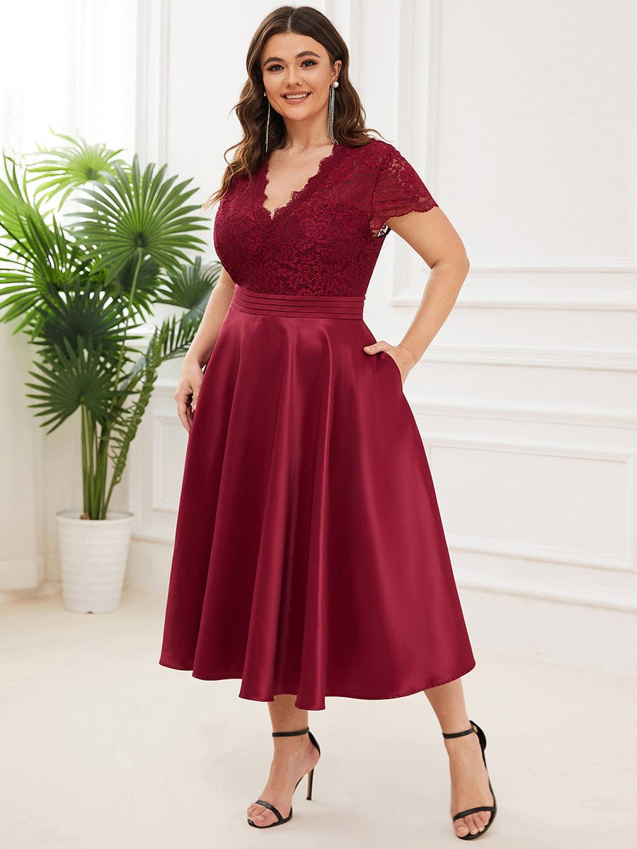 Custom Size V-neck Lace Bodice A-line Cocktail Dress with Sleeves #color_Burgundy