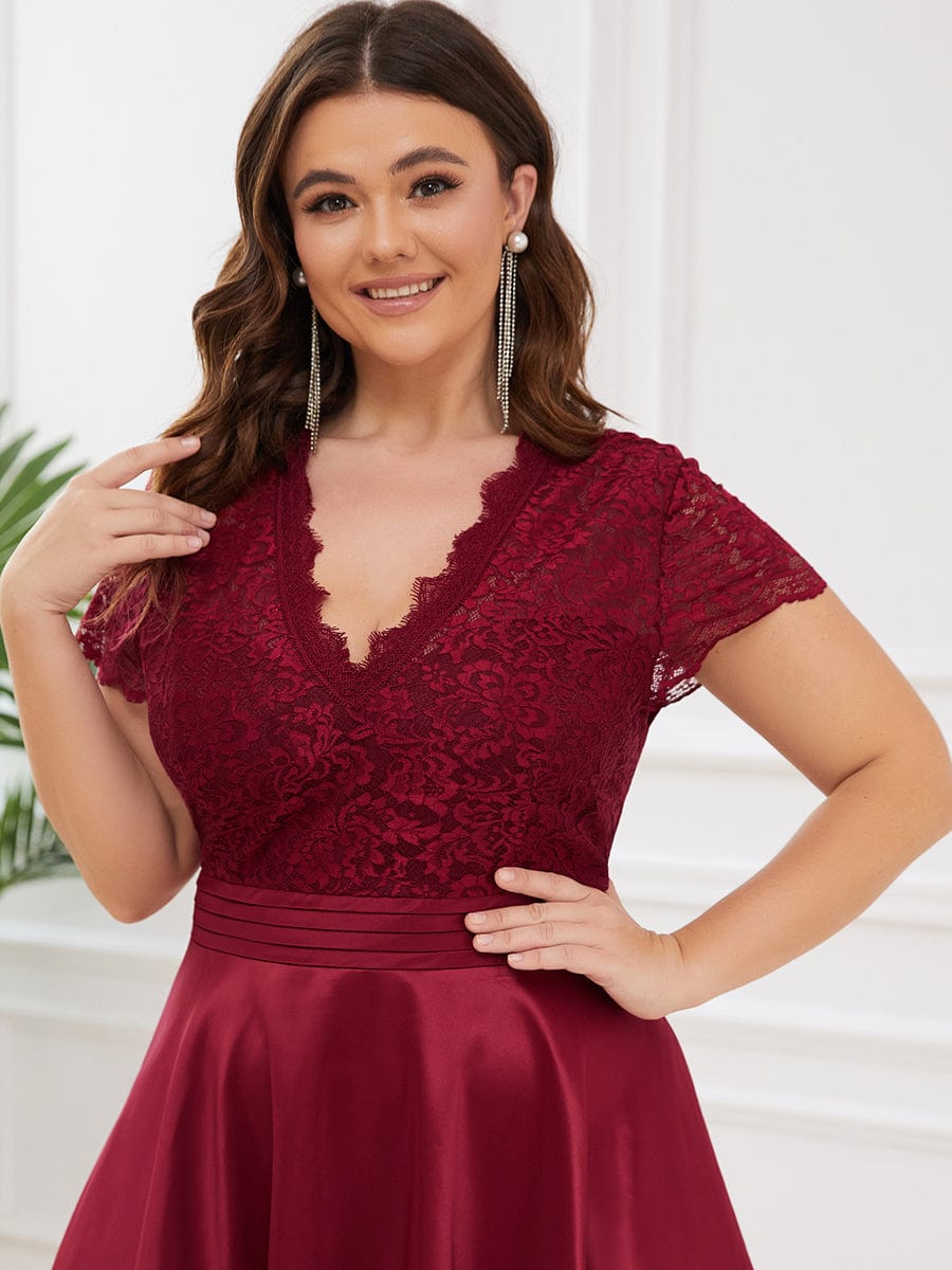 Custom Size V-neck Lace Bodice A-line Cocktail Dress with Sleeves #color_Burgundy