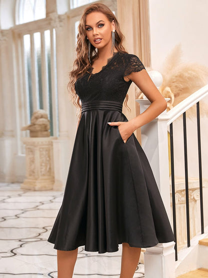 Custom Size V-neck Lace Bodice A-line Cocktail Dress with Sleeves #color_Black