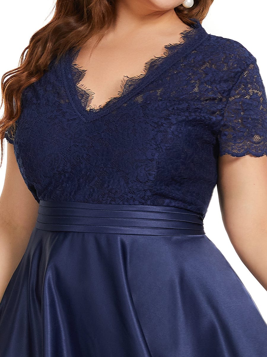 Plus Size V-neck Lace Bodice A-line Cocktail Dress with Sleeves #color_Navy Blue