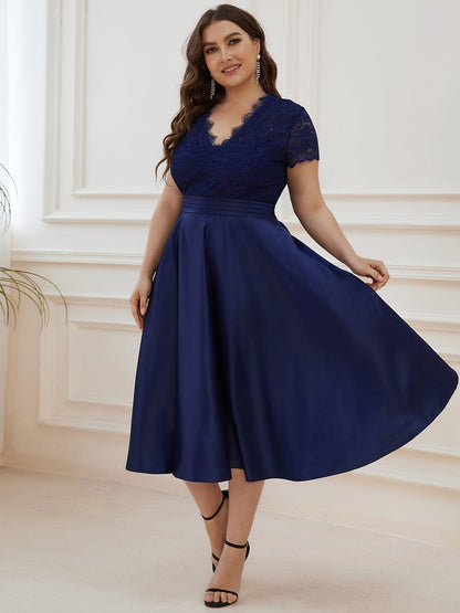 Romantic V-neck Lace Bodice A-line Cocktail Dress #color_Navy Blue