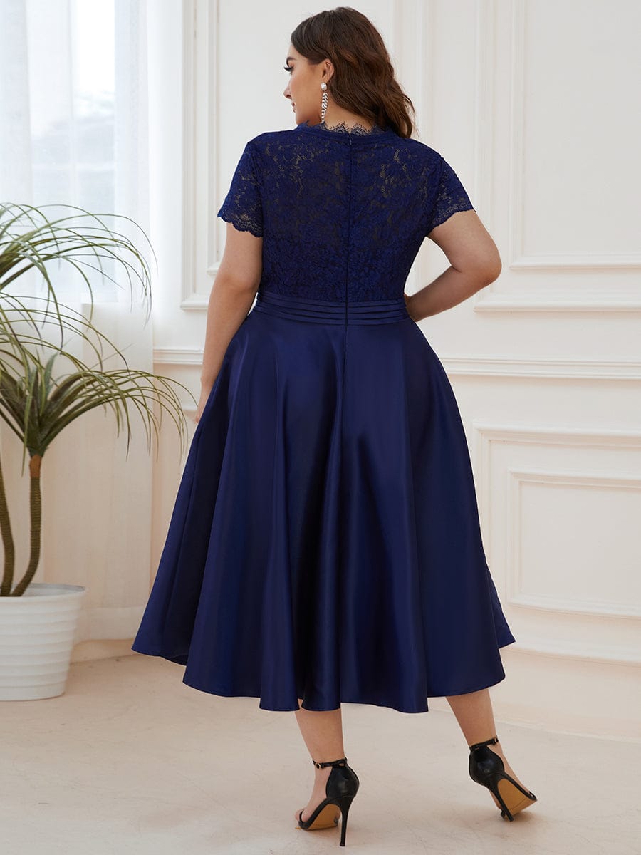 Romantic V-neck Lace Bodice A-line Cocktail Dress #color_Navy Blue