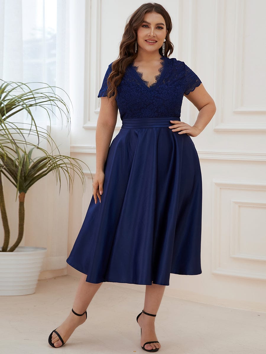 Custom Size V-neck Lace Bodice A-line Cocktail Dress with Sleeves #color_Navy Blue