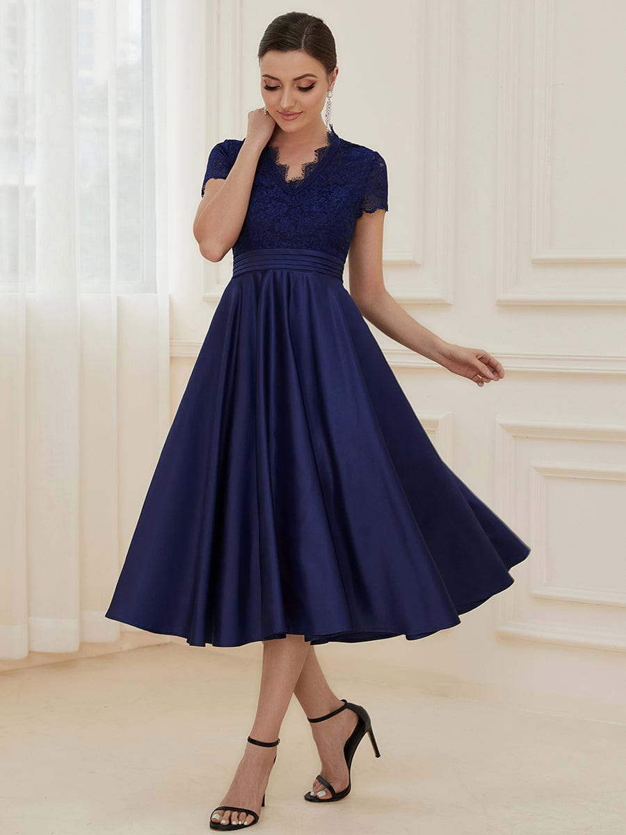 Romantic V-neck Lace Bodice A-line Cocktail Dress #color_Navy Blue