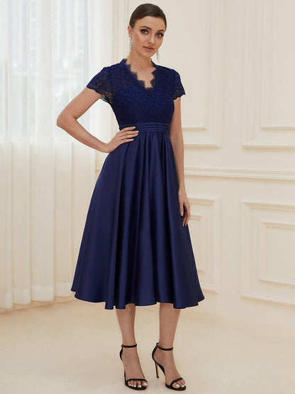 Romantic V-neck Lace Bodice A-line Cocktail Dress #color_Navy Blue