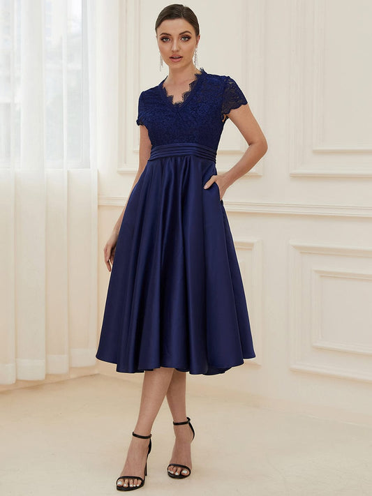 Romantic V-neck Lace Bodice A-line Cocktail Dress #color_Navy Blue