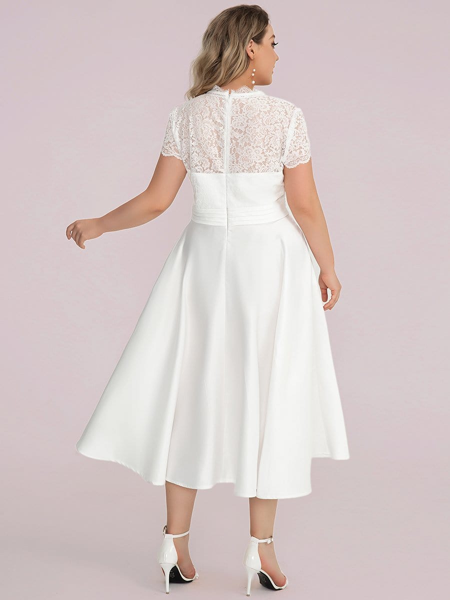 Plus Size V-neck Lace Bodice A-line Cocktail Dress with Sleeves #color_White