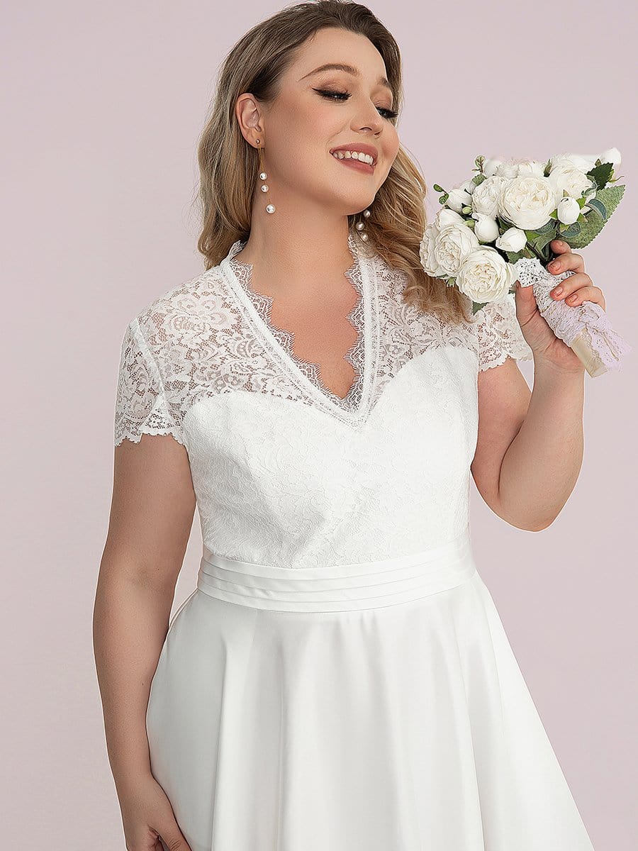 Plus Size V-neck Lace Bodice A-line Cocktail Dress with Sleeves #color_White