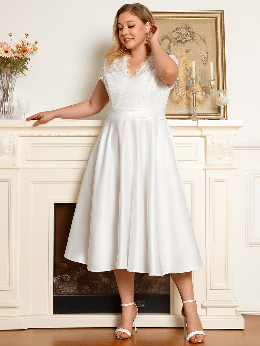 Plus Size V-neck Lace Bodice A-line Cocktail Dress with Sleeves #color_White