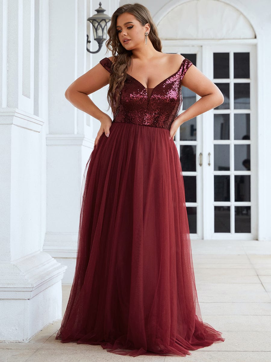 Custom Size A-line Sequin Off the Shoulder Maxi Tulle Evening Dress #color_Burgundy