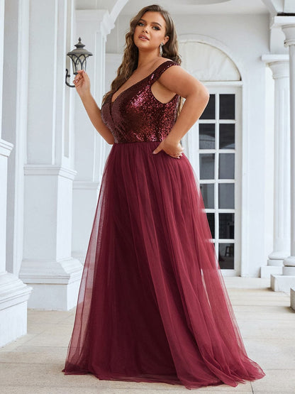 Custom Size A-line Sequin Off the Shoulder Maxi Tulle Evening Dress #color_Burgundy